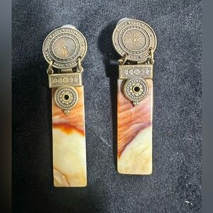 Vtg: JAN MICHAELS Brass & Natural Glass Gemstone Door Knocker Clip On Earrings
